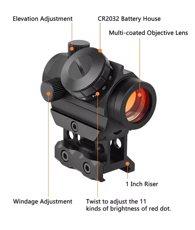 2MOA Red Dot Sight 1x25mm Reflex Sight Waterproof & Shockproof & Fog - Proof Red Dot Scope with 1 inch Riser Mount - KA Tech Airsoft -