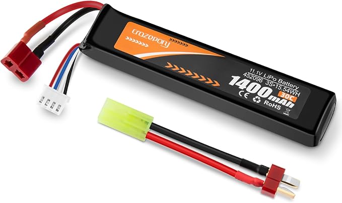 Crazepony Airsoft Battery 11.1V 1400mAh 30C Rechargeable LiPo with T Plug (Deans) to Mini Tamiya Cable - KA Tech Airsoft - Battery