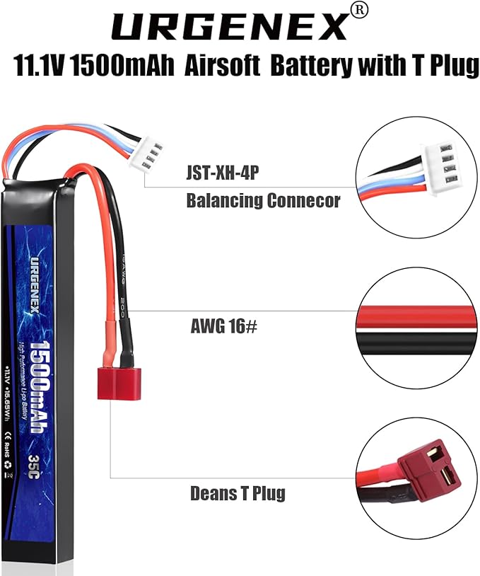 URGENEX Airsoft Battery 11.1V 1500mAh 35C High Discharge Rate Lipo Pack with Deans T Plug - KA Tech Airsoft - Battery