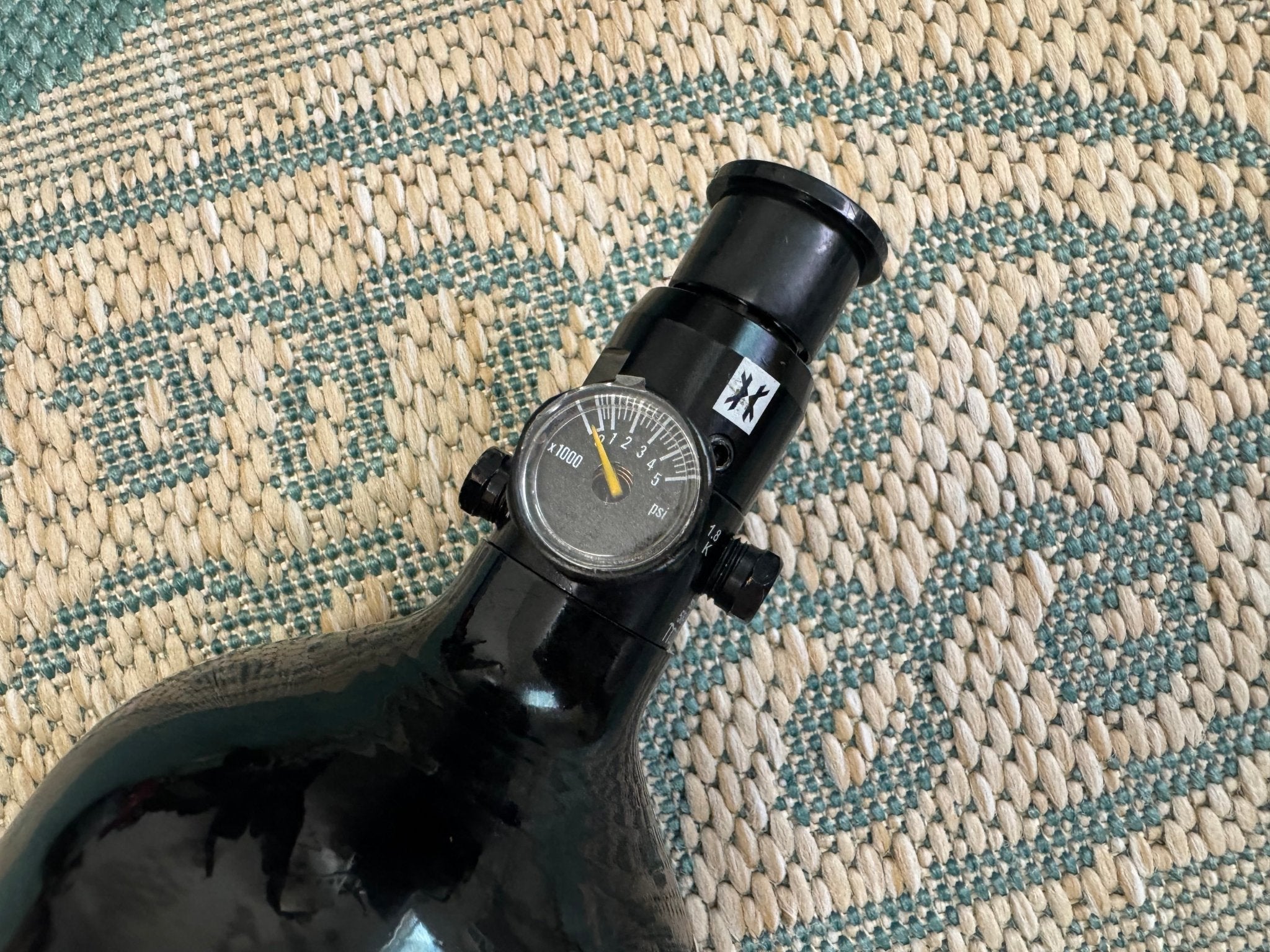 HK Army 48/3000 Black Aluminum Tank with Regulator Adjusted to Low Output - KA Tech Airsoft - Airtank