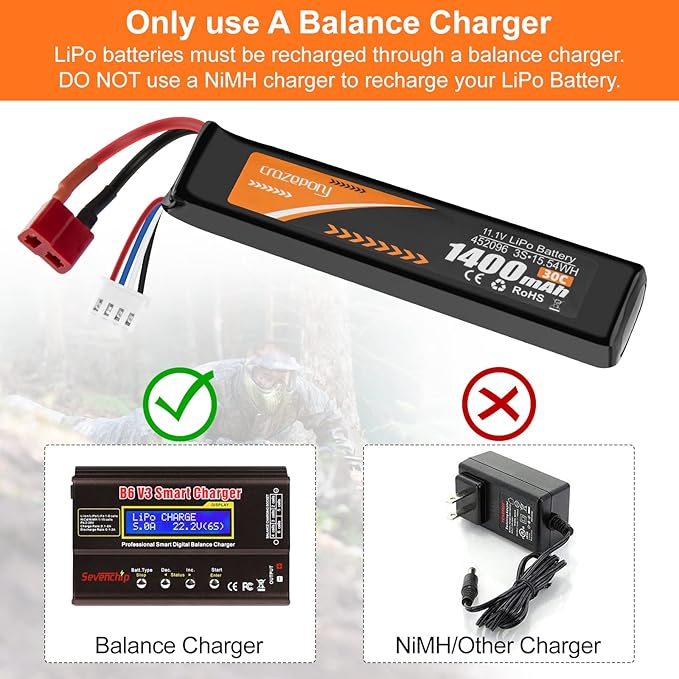 Crazepony Airsoft Battery 11.1V 1400mAh 30C Rechargeable LiPo with T Plug (Deans) to Mini Tamiya Cable - KA Tech Airsoft - Battery