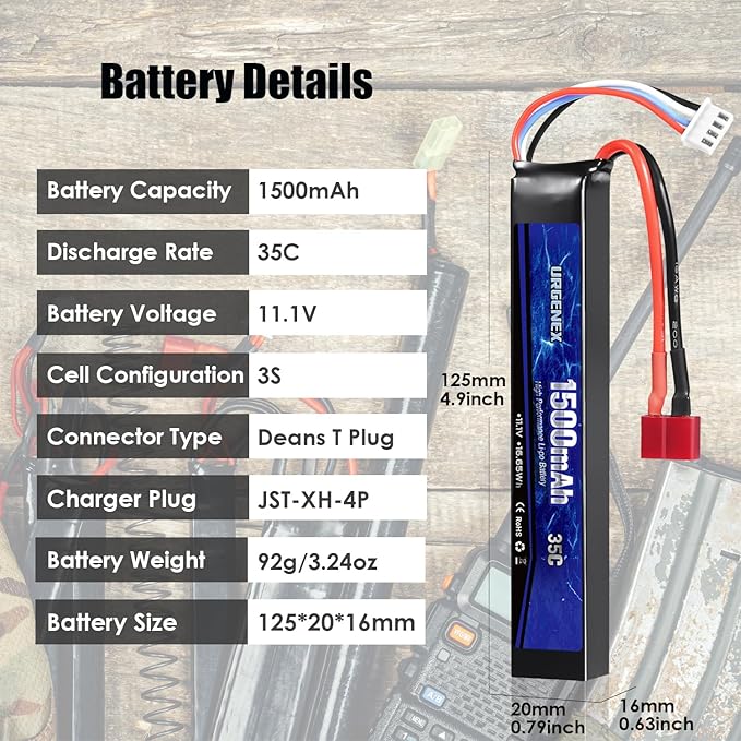 URGENEX Airsoft Battery 11.1V 1500mAh 35C High Discharge Rate Lipo Pack with Deans T Plug - KA Tech Airsoft - Battery