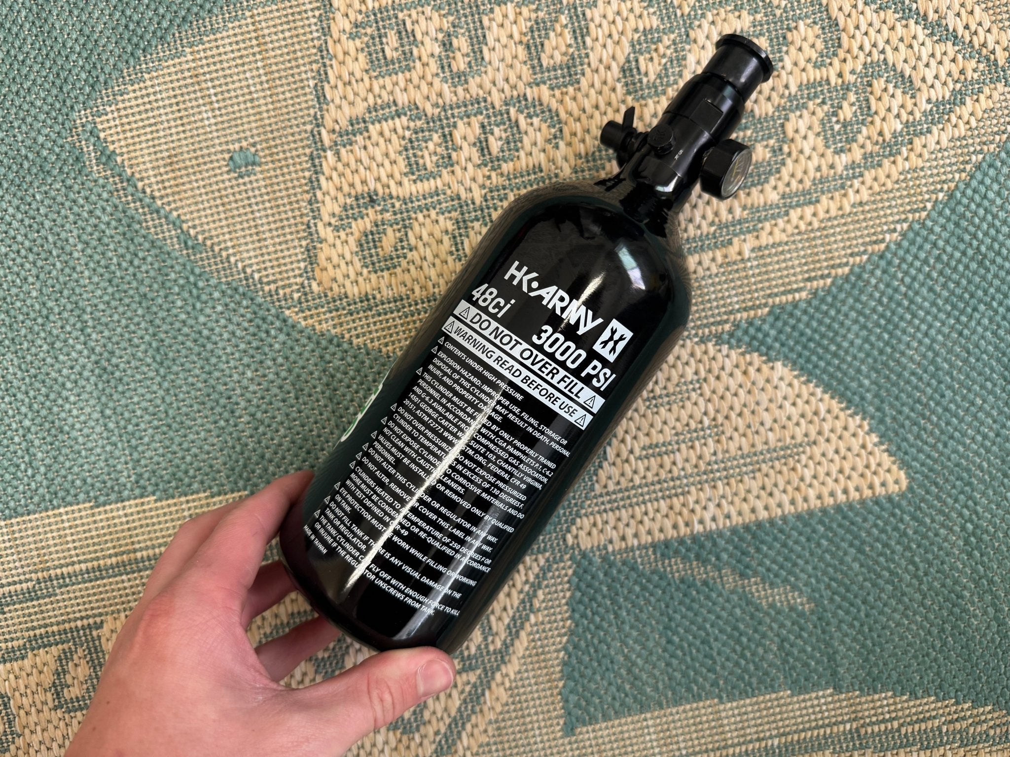 HK Army 48/3000 Black Aluminum Tank with Regulator Adjusted to Low Output - KA Tech Airsoft - Airtank