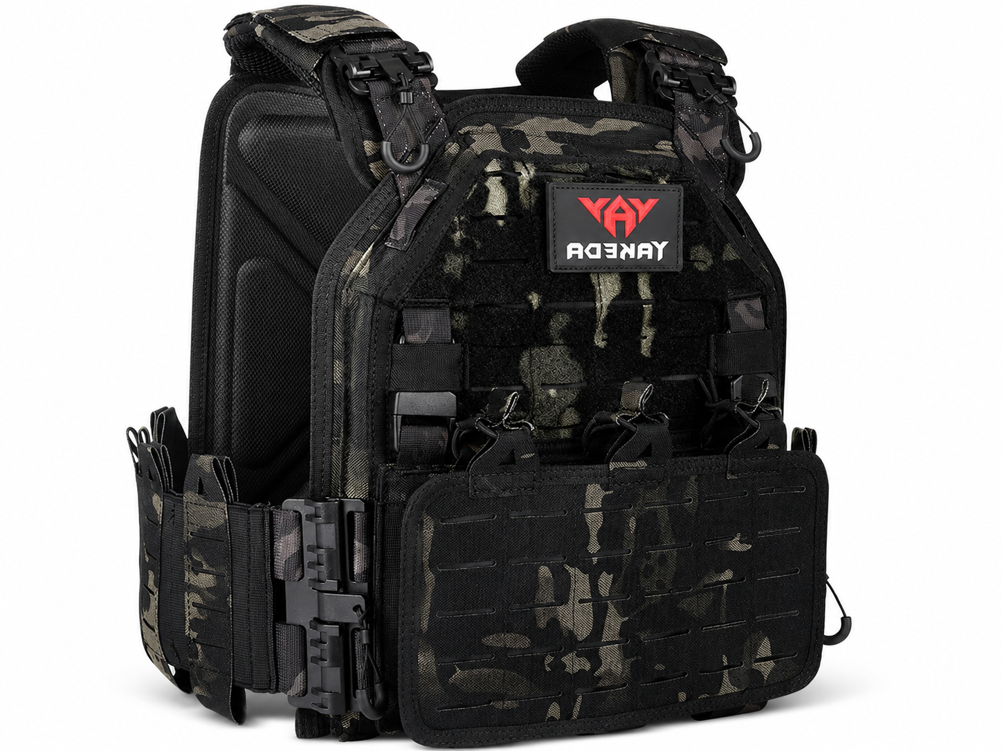 YAKEDA Tactical Outdoor Vest – 1000D Nylon Quick Release Laser-Cut MOLLE – Black Camo