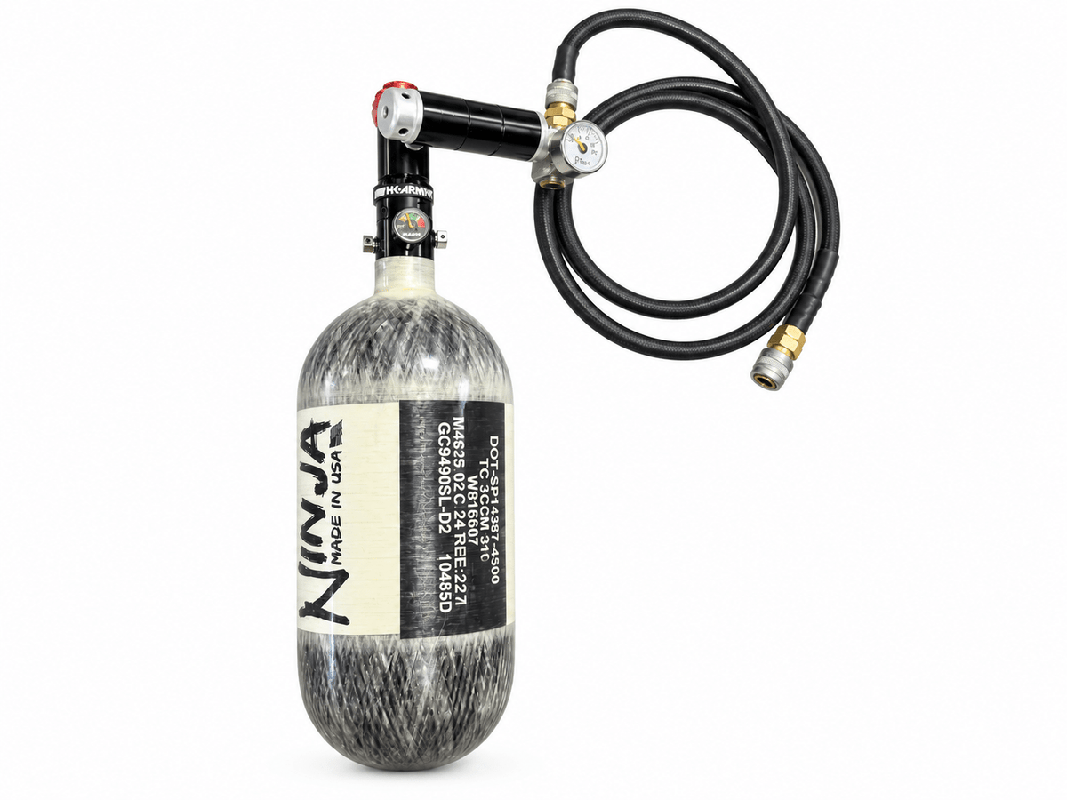 90/4500 Ninja Carbon Fiber Air Tank — Redline Regulator & 36" Weaved Line - KA Tech Airsoft - Air Rig