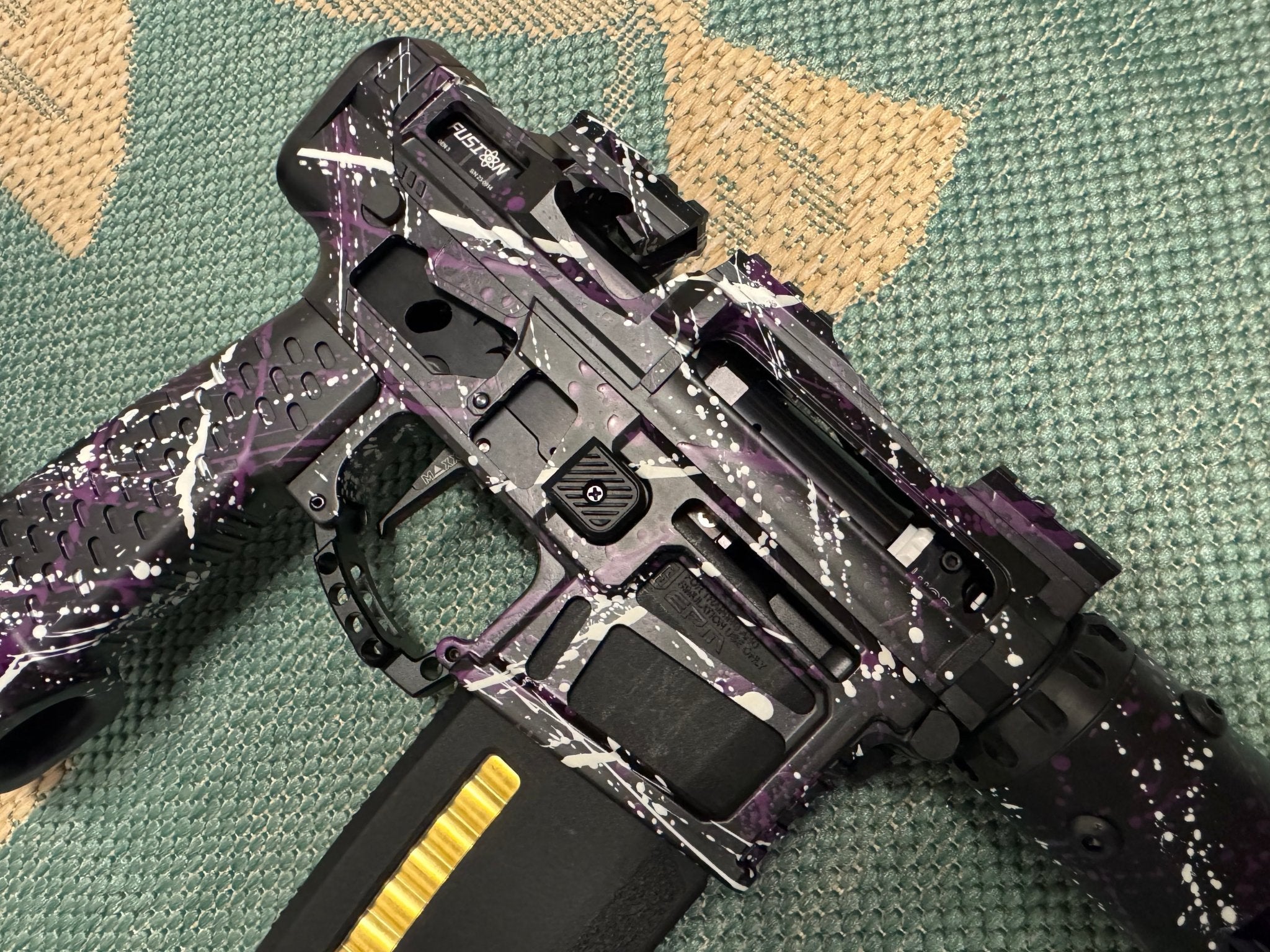 KA Tech MAC Polarstar Fusion Engine AR7 L.E. MSG/ESG HPA M4 Skeletonized splatter Cerakoted Purple/White - KA Tech Airsoft - Polarstar Fusion Engine