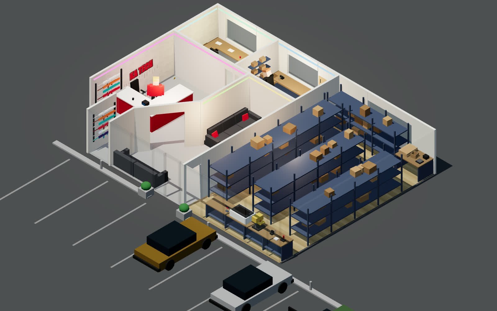 3D view of the KA Tech showroom and workshop